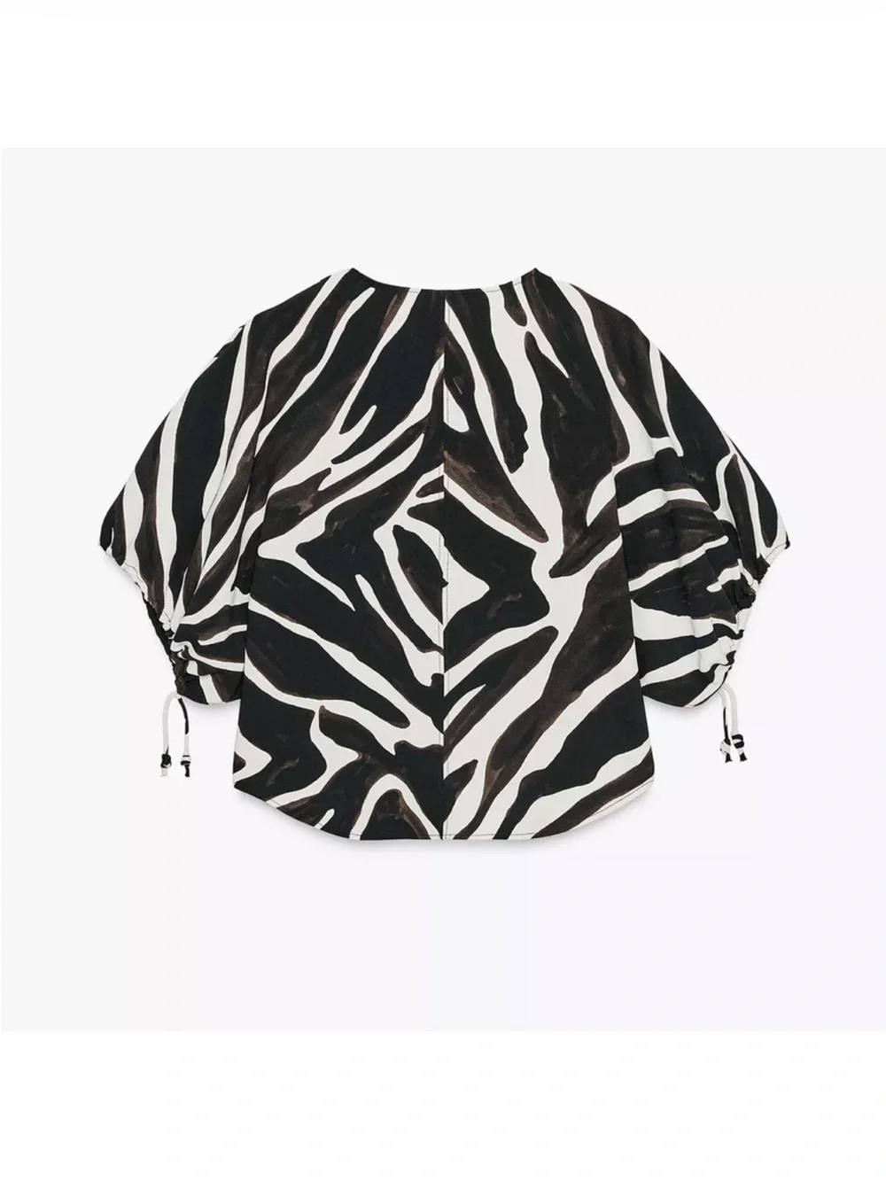 Zara ZW Round Neck Blouse w V-Neck Short Puff Sleeves Animal Zebra Print NWT M